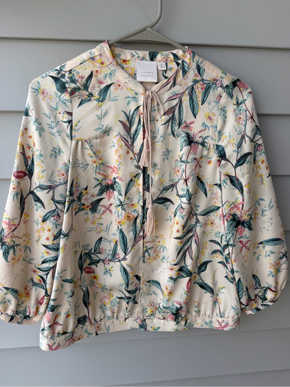 LC Lauren Conrad Cream Floral Tie-Front Blouse with Teal & Pink Accents